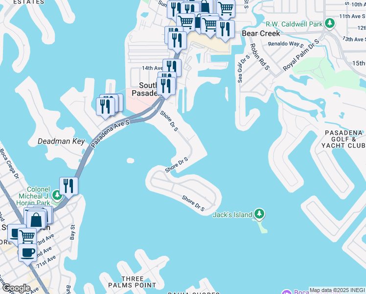 map of restaurants, bars, coffee shops, grocery stores, and more near 1898 Shore Drive South in South Pasadena