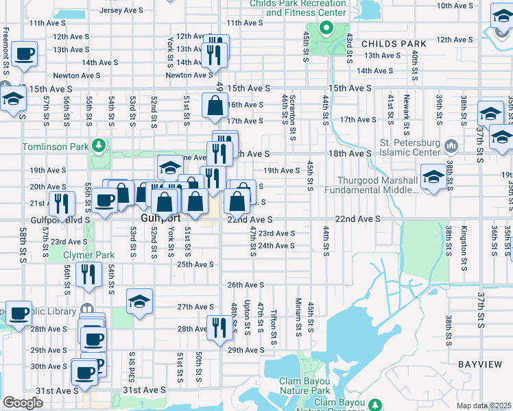 map of restaurants, bars, coffee shops, grocery stores, and more near 4686 21st Avenue South in Saint Petersburg