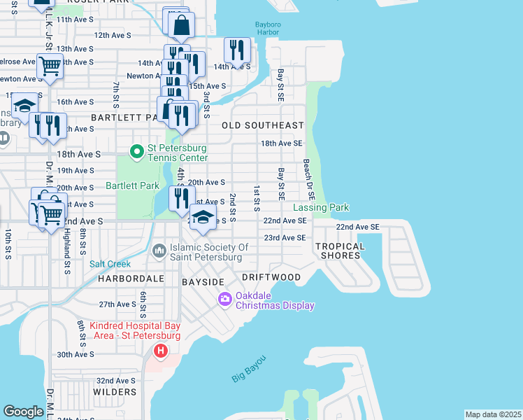map of restaurants, bars, coffee shops, grocery stores, and more near 2122 1st Street Southeast in Saint Petersburg
