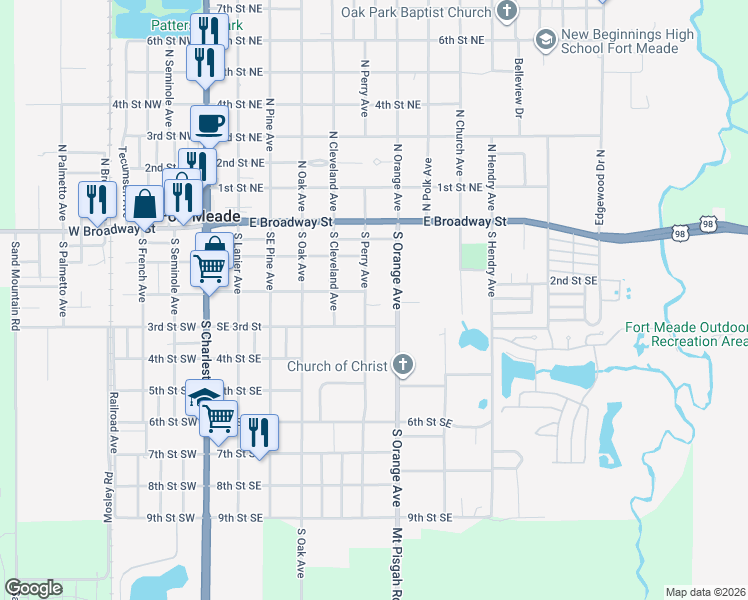 map of restaurants, bars, coffee shops, grocery stores, and more near 203 South Perry Avenue in Fort Meade