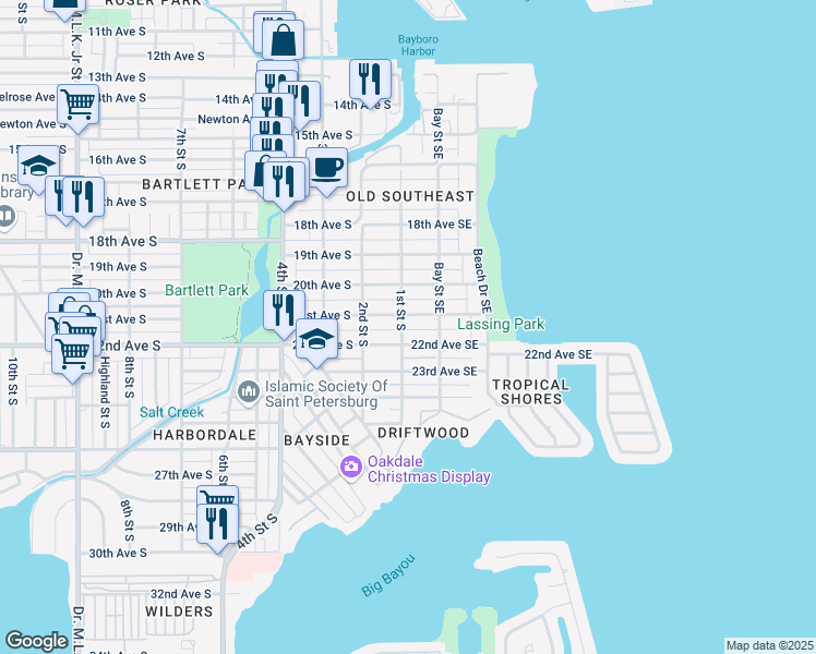 map of restaurants, bars, coffee shops, grocery stores, and more near 115 22nd Avenue Southeast in St. Petersburg