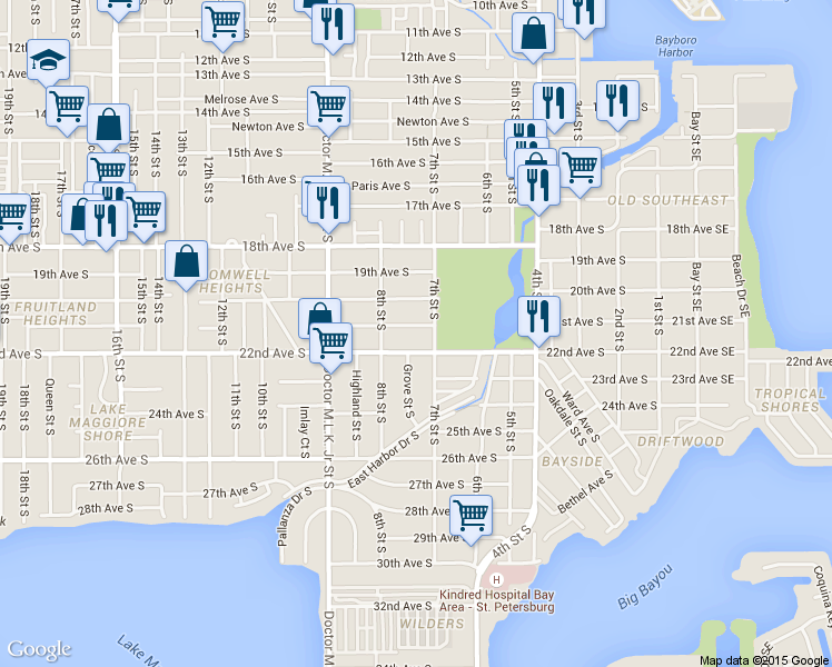 map of restaurants, bars, coffee shops, grocery stores, and more near 701 22nd Avenue South in St. Petersburg