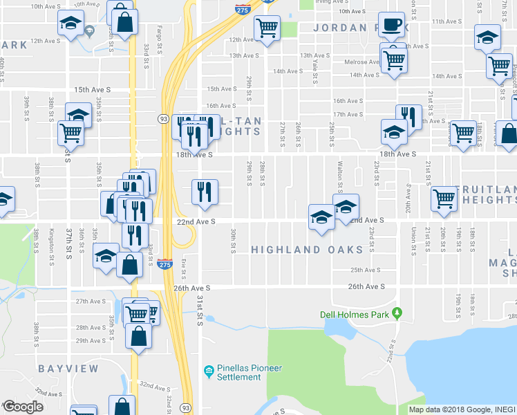 map of restaurants, bars, coffee shops, grocery stores, and more near 2721 22nd Avenue South in St. Petersburg