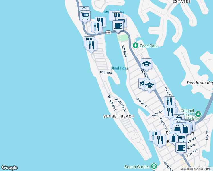 map of restaurants, bars, coffee shops, grocery stores, and more near 8455 Blind Pass Drive in Treasure Island