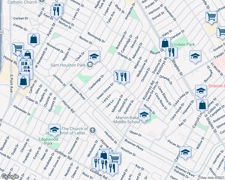 map of restaurants, bars, coffee shops, grocery stores, and more near 1538 Lazy Lane in Corpus Christi