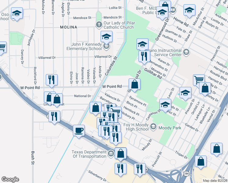 map of restaurants, bars, coffee shops, grocery stores, and more near 1434 Valencia Drive in Corpus Christi