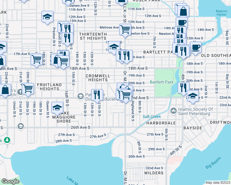 map of restaurants, bars, coffee shops, grocery stores, and more near 2112 Seminole Boulevard South in Saint Petersburg