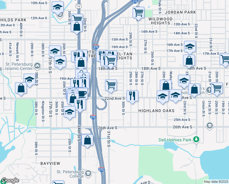 map of restaurants, bars, coffee shops, grocery stores, and more near 3060 21st Avenue South in St. Petersburg