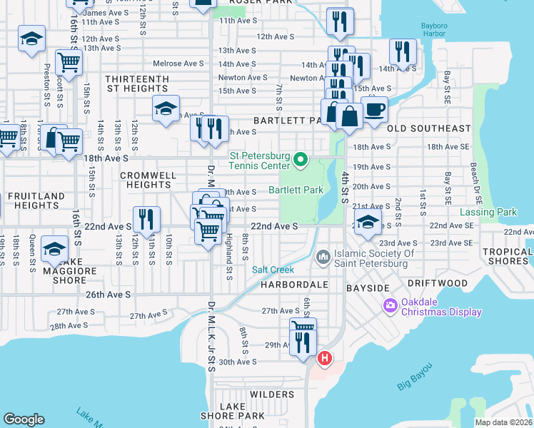 map of restaurants, bars, coffee shops, grocery stores, and more near 701 22nd Avenue South in St. Petersburg