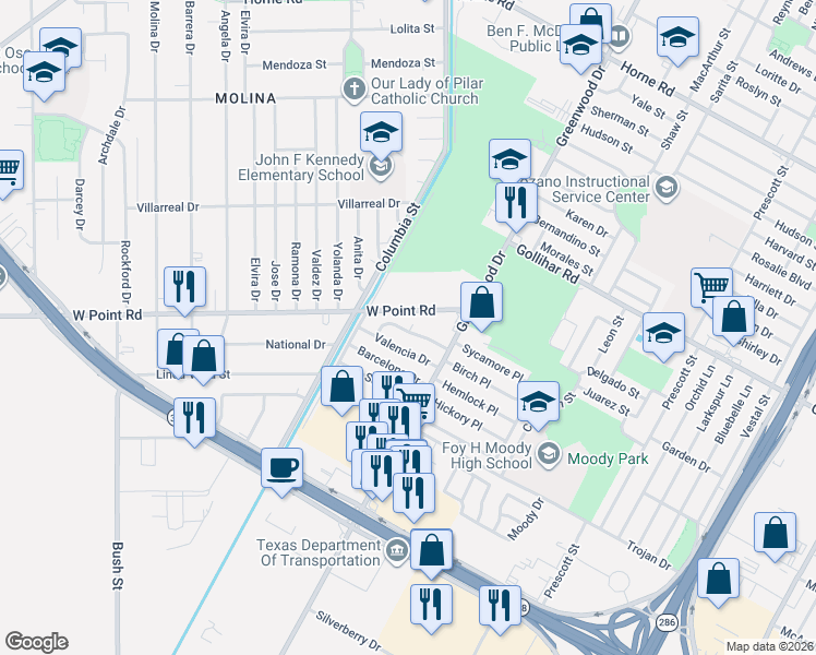 map of restaurants, bars, coffee shops, grocery stores, and more near 1434 Valencia Drive in Corpus Christi