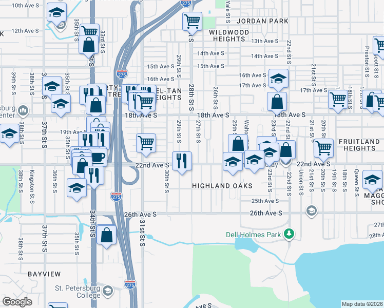 map of restaurants, bars, coffee shops, grocery stores, and more near 2721 22nd Avenue South in St. Petersburg