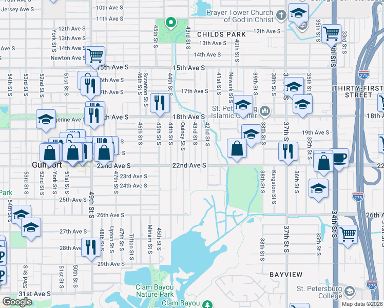 map of restaurants, bars, coffee shops, grocery stores, and more near 2101 43rd Street South in St. Petersburg
