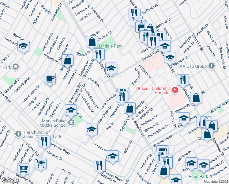 map of restaurants, bars, coffee shops, grocery stores, and more near 3402 Casa Bonita Drive in Corpus Christi
