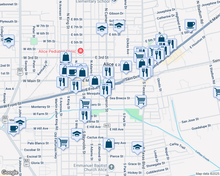 map of restaurants, bars, coffee shops, grocery stores, and more near 201 South Cameron Street in Alice