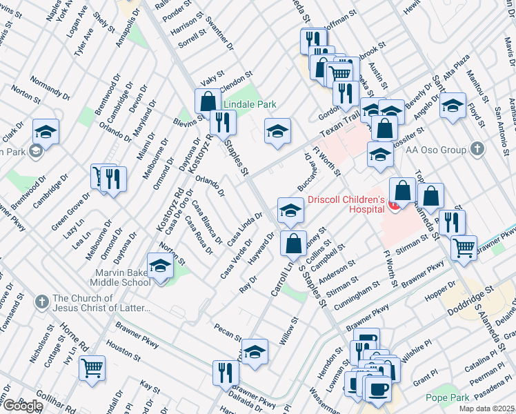 map of restaurants, bars, coffee shops, grocery stores, and more near 3402 Casa Bonita Drive in Corpus Christi