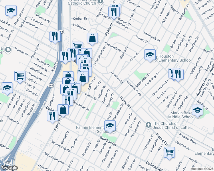 map of restaurants, bars, coffee shops, grocery stores, and more near 4113 Christie Street in Corpus Christi