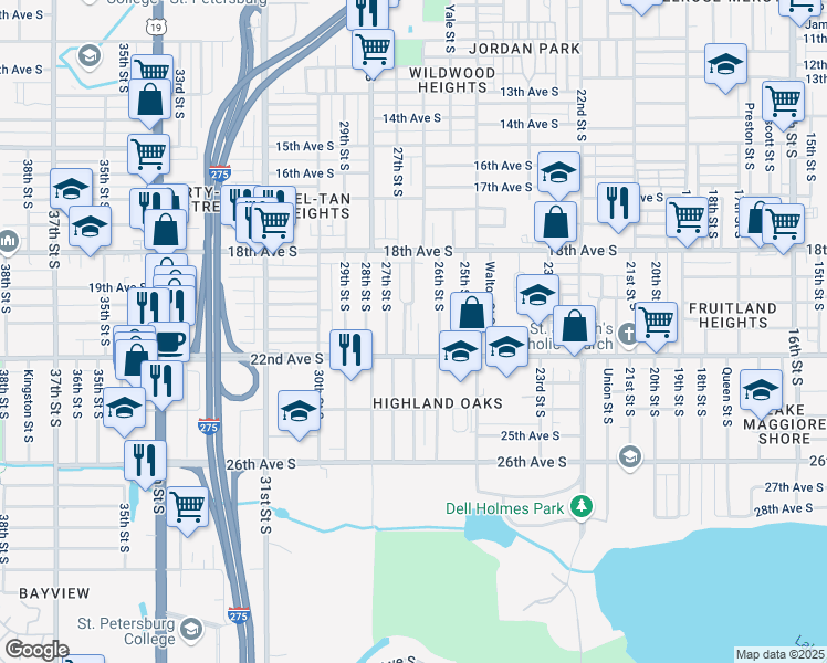 map of restaurants, bars, coffee shops, grocery stores, and more near 2645 22nd Avenue South in St. Petersburg