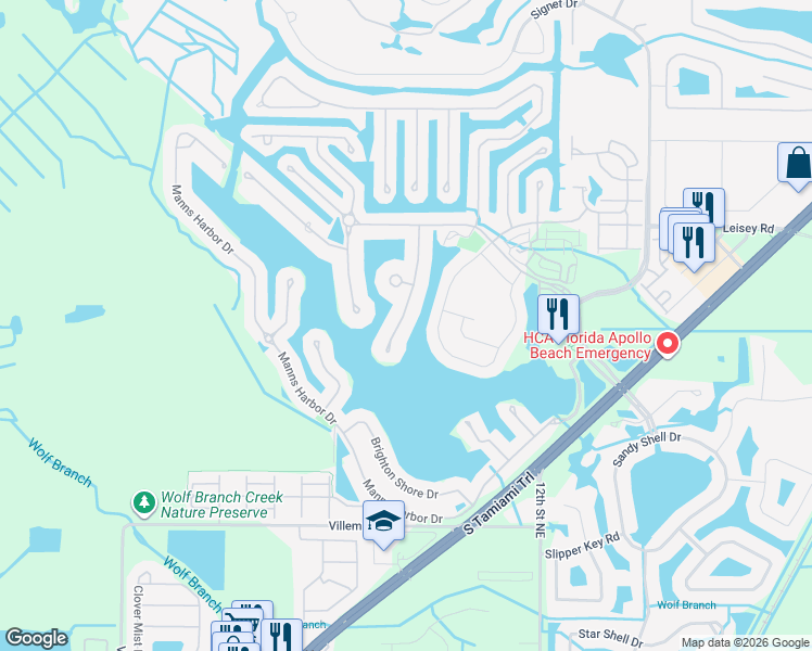 map of restaurants, bars, coffee shops, grocery stores, and more near 5413 Merritt Island Drive in Apollo Beach