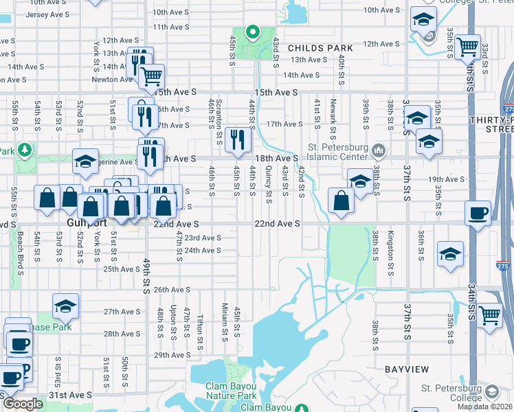 map of restaurants, bars, coffee shops, grocery stores, and more near 2001 44th Street South in St. Petersburg
