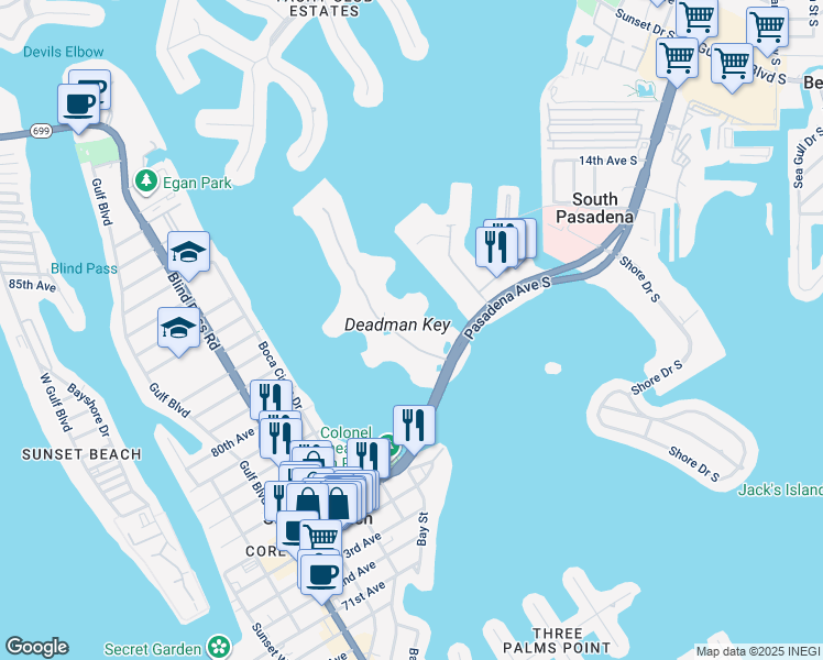 map of restaurants, bars, coffee shops, grocery stores, and more near 7907 Sailboat Key Boulevard South in South Pasadena