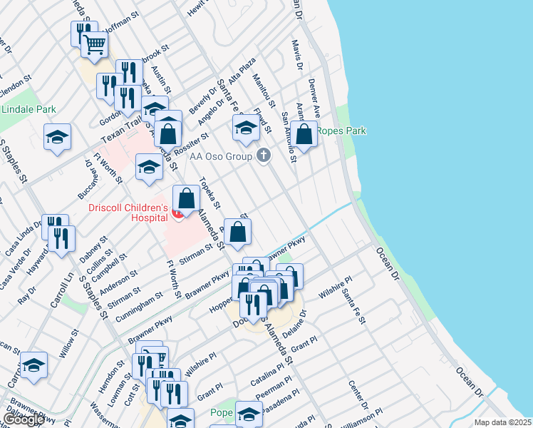 map of restaurants, bars, coffee shops, grocery stores, and more near 3562 Lawnview Street in Corpus Christi