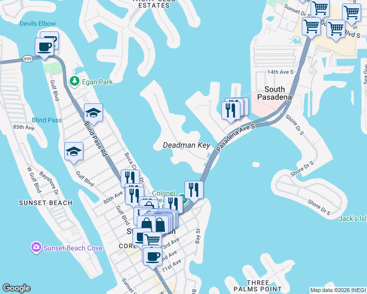 map of restaurants, bars, coffee shops, grocery stores, and more near 7907 Sailboat Key Boulevard South in South Pasadena