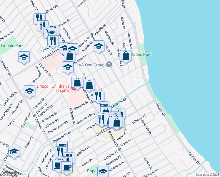 map of restaurants, bars, coffee shops, grocery stores, and more near 3562 Lawnview Street in Corpus Christi