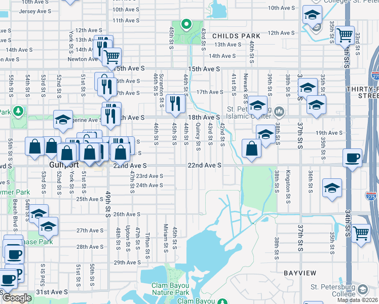 map of restaurants, bars, coffee shops, grocery stores, and more near 2001 44th Street South in St. Petersburg