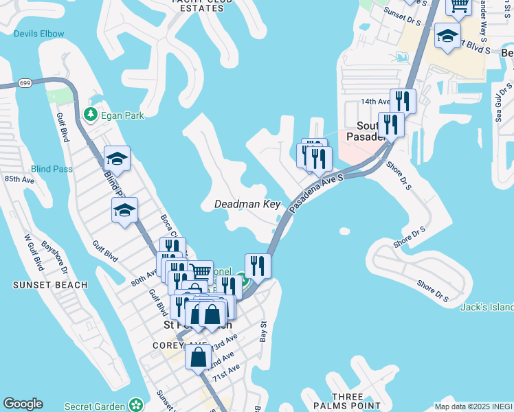 map of restaurants, bars, coffee shops, grocery stores, and more near 7893 Sailboat Key Boulevard South in South Pasadena