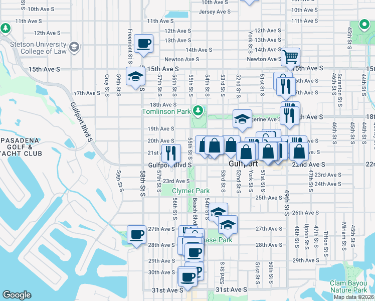 map of restaurants, bars, coffee shops, grocery stores, and more near 5510 20th Avenue South in Gulfport