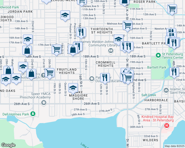 map of restaurants, bars, coffee shops, grocery stores, and more near 2102 14th Street South in St. Petersburg
