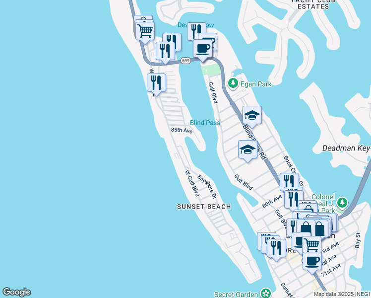 map of restaurants, bars, coffee shops, grocery stores, and more near 8543 Blind Pass Drive in Treasure Island