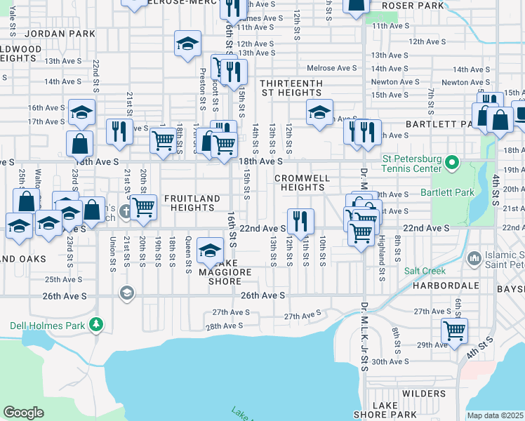 map of restaurants, bars, coffee shops, grocery stores, and more near 2010 14th Street South in St. Petersburg