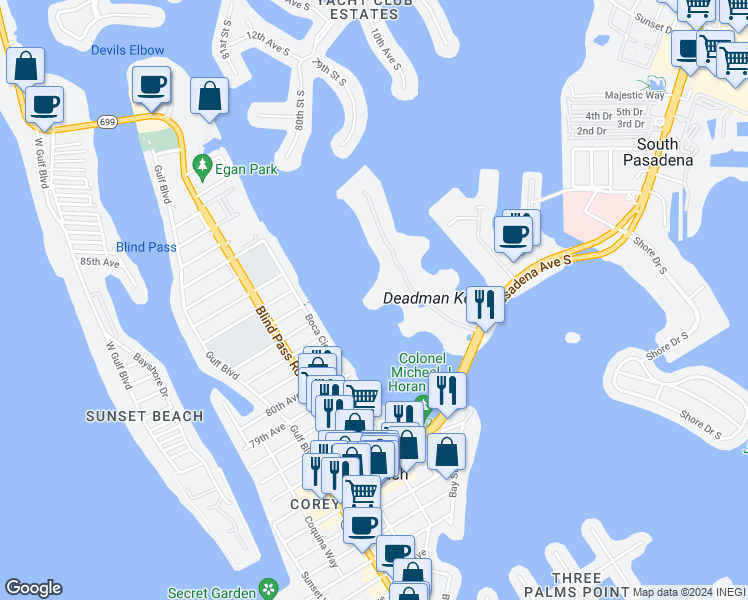 map of restaurants, bars, coffee shops, grocery stores, and more near 7922 Sailboat Key Boulevard South in South Pasadena