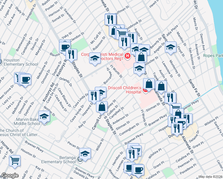 map of restaurants, bars, coffee shops, grocery stores, and more near 306 Buccaneer Drive in Corpus Christi