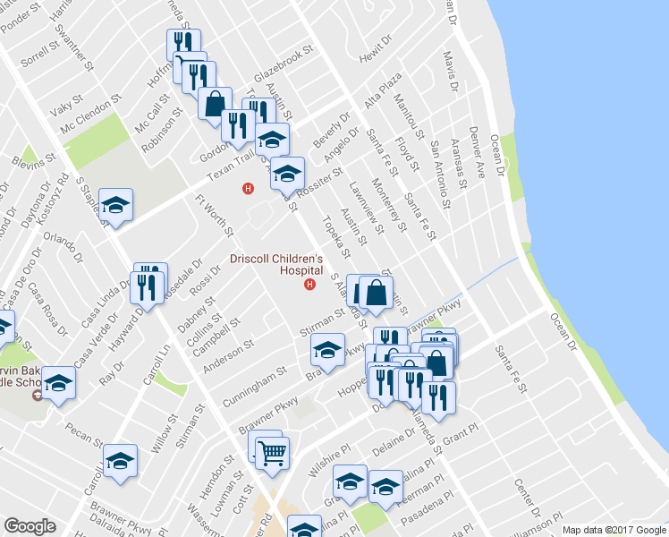 map of restaurants, bars, coffee shops, grocery stores, and more near 3530 South Alameda Street in Corpus Christi
