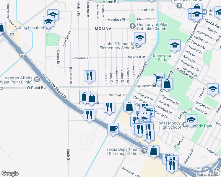 map of restaurants, bars, coffee shops, grocery stores, and more near 913 West Point Road in Corpus Christi
