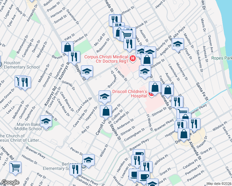 map of restaurants, bars, coffee shops, grocery stores, and more near 306 Buccaneer Drive in Corpus Christi