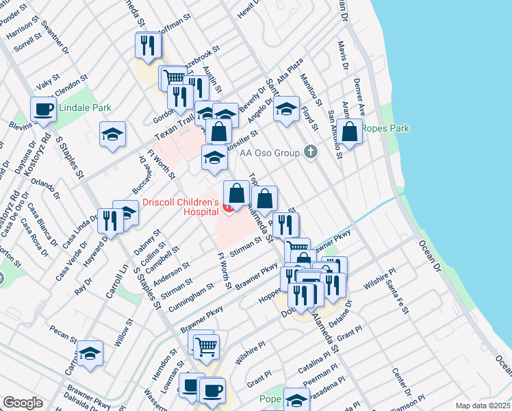 map of restaurants, bars, coffee shops, grocery stores, and more near 3530 South Alameda Street in Corpus Christi