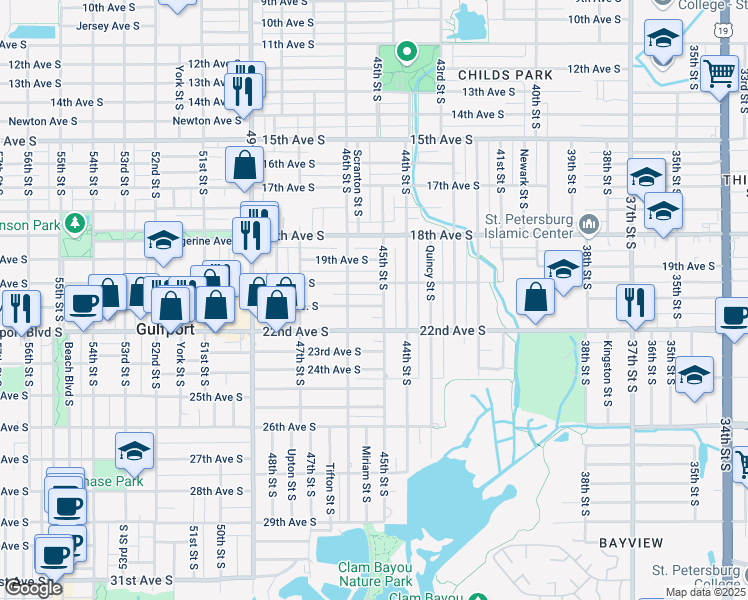 map of restaurants, bars, coffee shops, grocery stores, and more near 4542 20th Avenue South in St. Petersburg