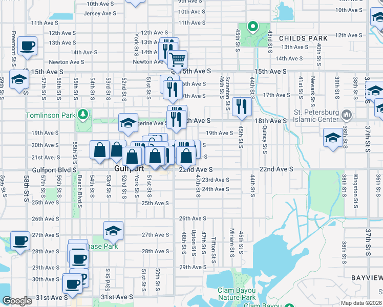 map of restaurants, bars, coffee shops, grocery stores, and more near 4718 20th Avenue South in St. Petersburg