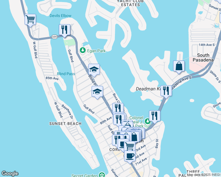 map of restaurants, bars, coffee shops, grocery stores, and more near 8410 Boca Ciega Drive in St. Pete Beach
