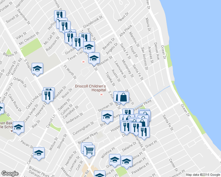 map of restaurants, bars, coffee shops, grocery stores, and more near 3517 Topeka Street in Corpus Christi