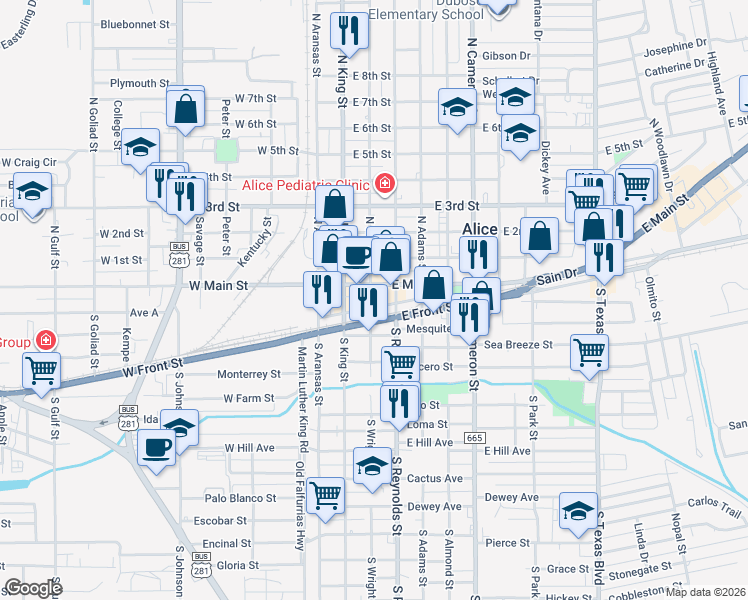 map of restaurants, bars, coffee shops, grocery stores, and more near 66 South Wright Street in Alice