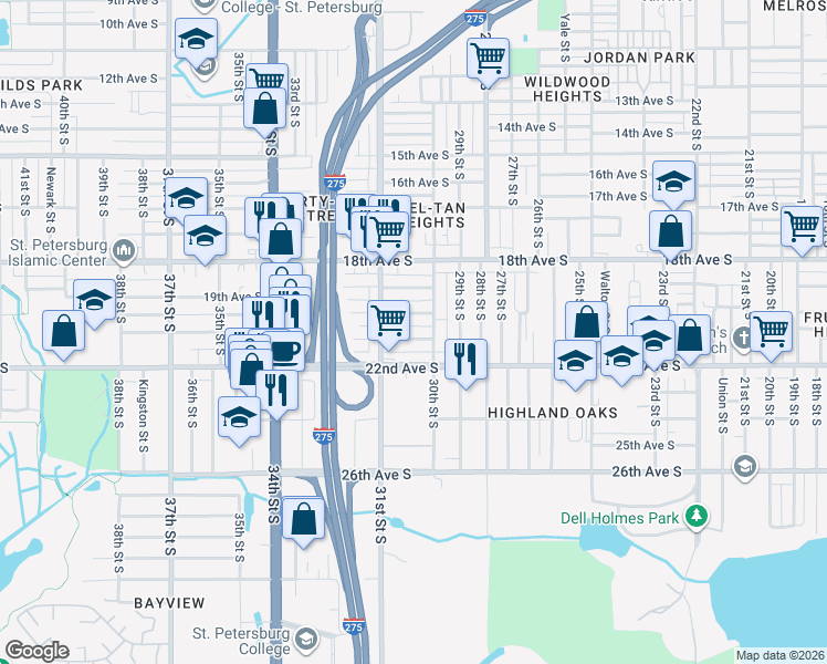 map of restaurants, bars, coffee shops, grocery stores, and more near 3037 21st Avenue South in Saint Petersburg