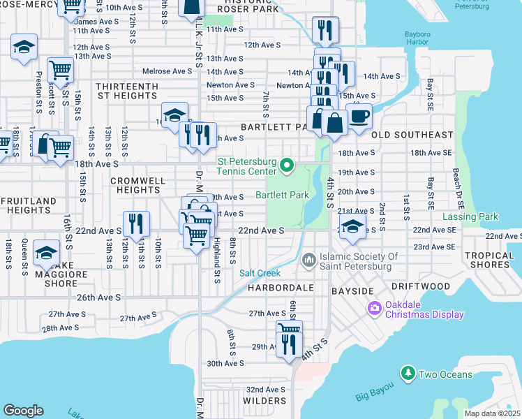 map of restaurants, bars, coffee shops, grocery stores, and more near 2001 7th Street South in St. Petersburg