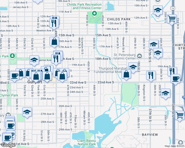 map of restaurants, bars, coffee shops, grocery stores, and more near 2001 44th Street South in St. Petersburg