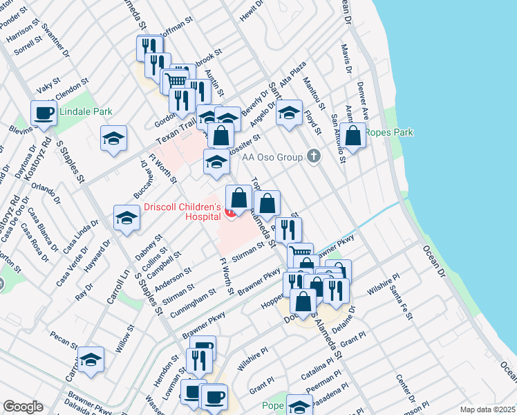 map of restaurants, bars, coffee shops, grocery stores, and more near 3517 Topeka Street in Corpus Christi