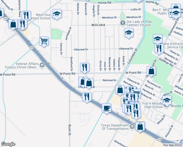 map of restaurants, bars, coffee shops, grocery stores, and more near 4634 Barrera Drive in Corpus Christi