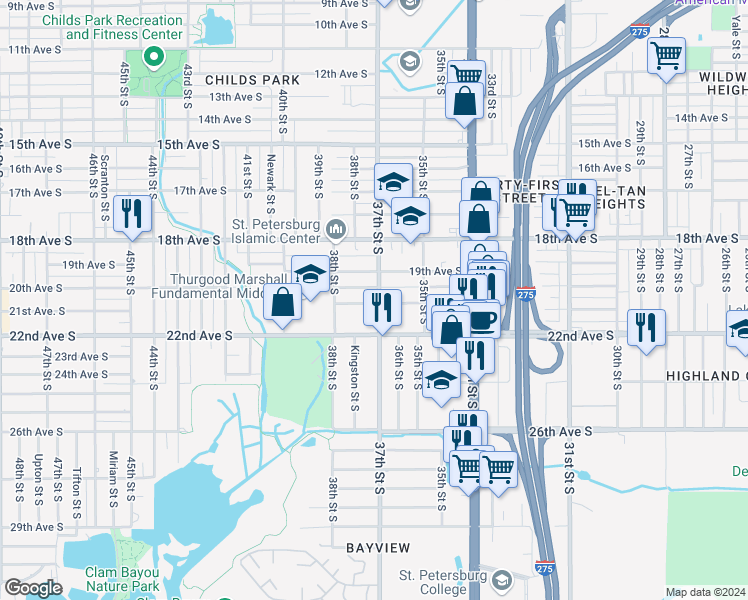 map of restaurants, bars, coffee shops, grocery stores, and more near 2027 37th Street South in St. Petersburg